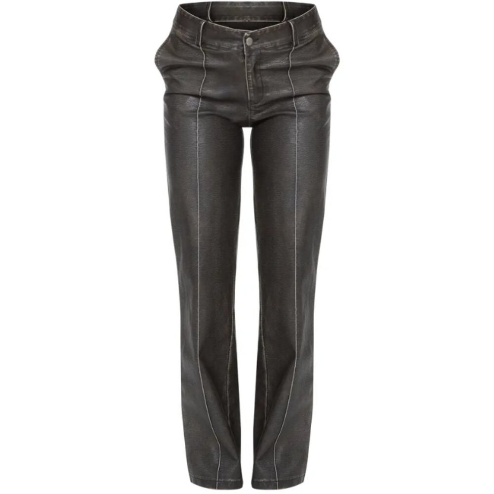 PrettyLittleThing Dark Brown Washed Faux Leather Dip Waist Flared Pants